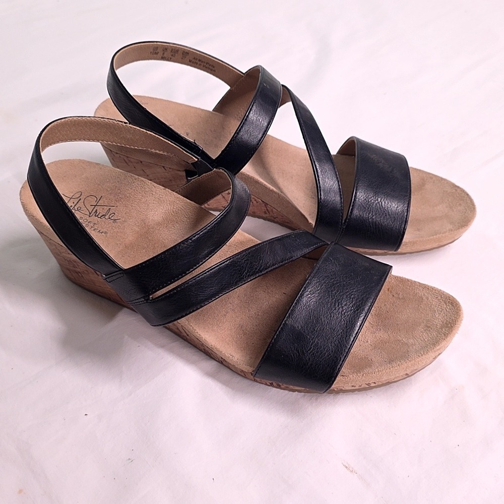 LifeStride Milly Wedge Sandals Women 10M Black Strappy Slingback Soft System